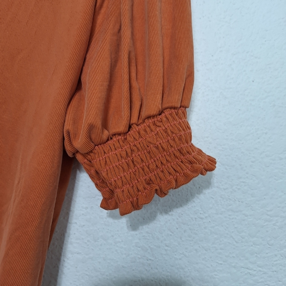 Green Envelope "NEW" Orange Boho Modal Blend Academia Smocked Blouse Size L - Picture 4 of 11